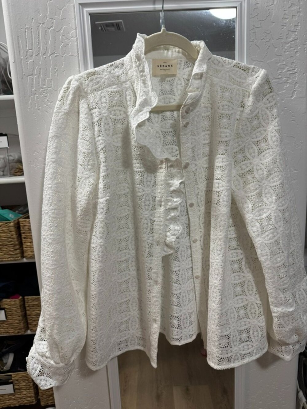 Sézane Chlo Shirt White Lace Ruffle Collar Button Front Blouse Size L